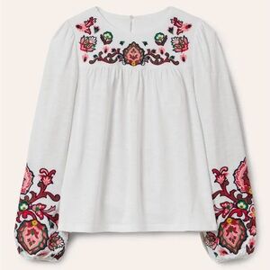 Boden White Blouse with Red and Green Embroidery